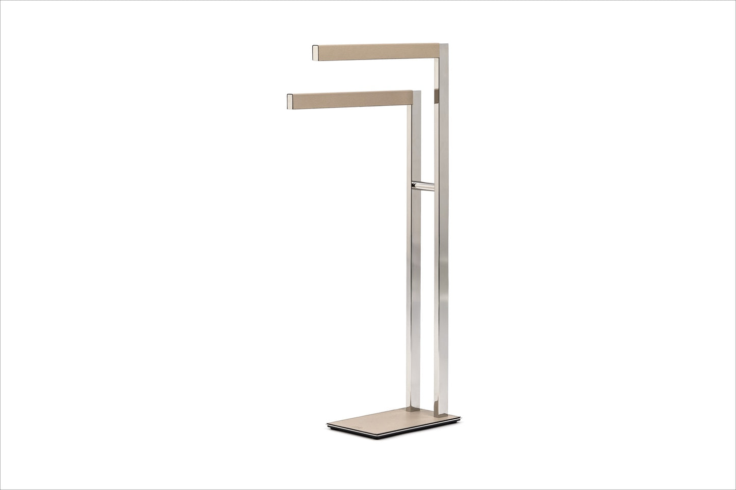 Pinetti | Rialto Leather-Covered Towel Stand: Leather-covered metal towel stand in chrome, satin or burnished | Bathroom | 2Jour Concierge, your luxury lifestyle shop | luxury towel stand, leather towel holder, Pinetti Rialto bathroom, Italian luxury bathroom accessories, designer towel rack, premium bathroom furniture, chrome satin burnished towel stand
