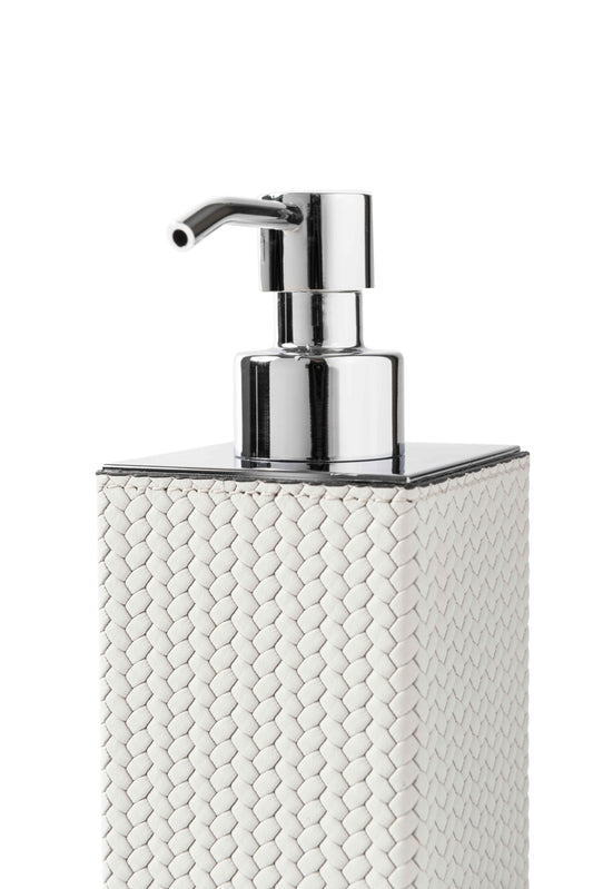 Pinetti | Poseidon Leather-Covered Soap Dispenser: Leather soap dispenser in square and round formats, chrome or shiny gold | Bathroom | 2Jour Concierge, your luxury lifestyle shop | luxury soap dispenser, leather bathroom accessory, Pinetti bathroom set, Poseidon collection, Italian luxury bathroom, designer soap dispenser, chrome gold bathroom accessories, premium vanity accessory