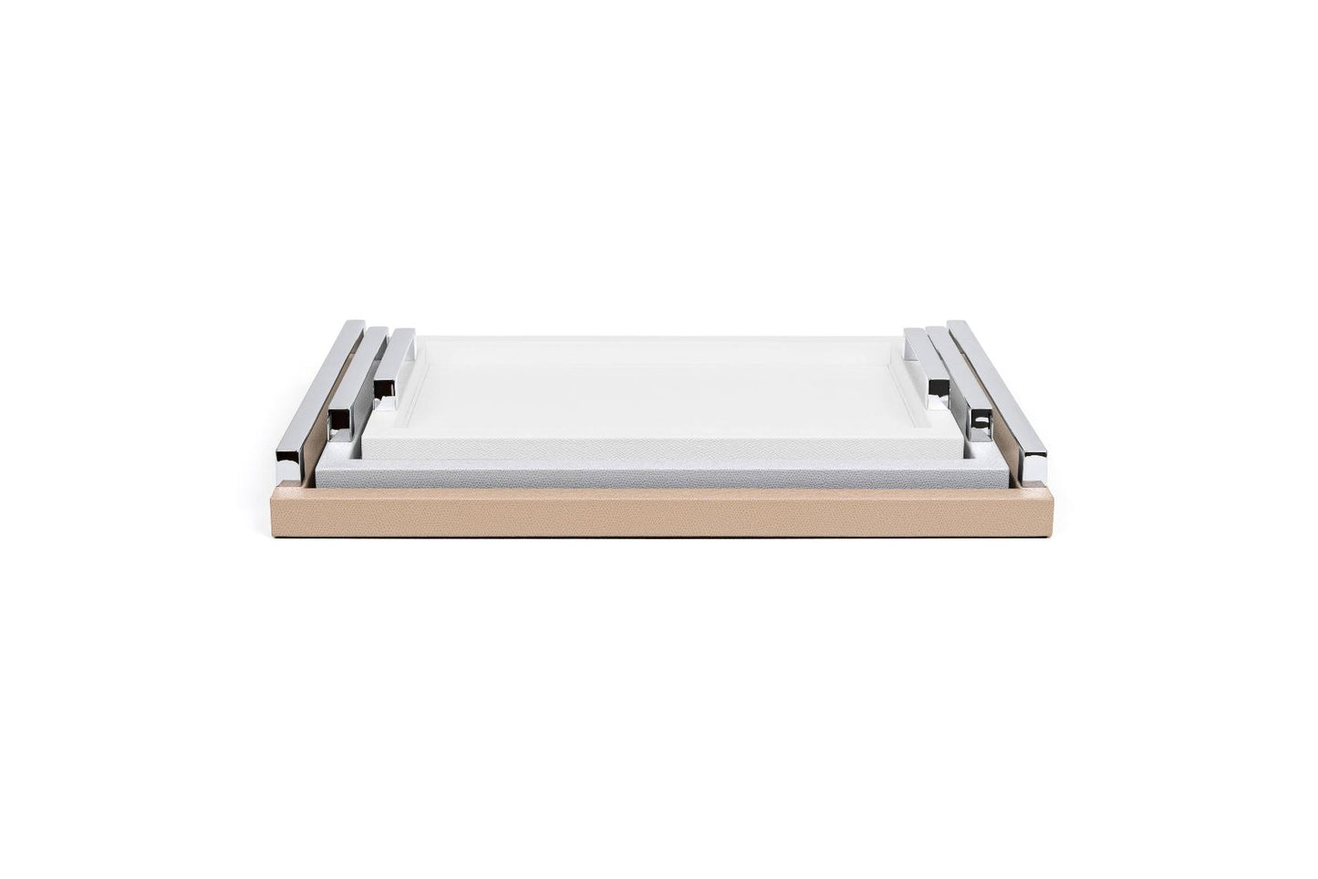 Jupiter Leather-Covered Wood Tray Rectangular w Chrome Metal Handles L