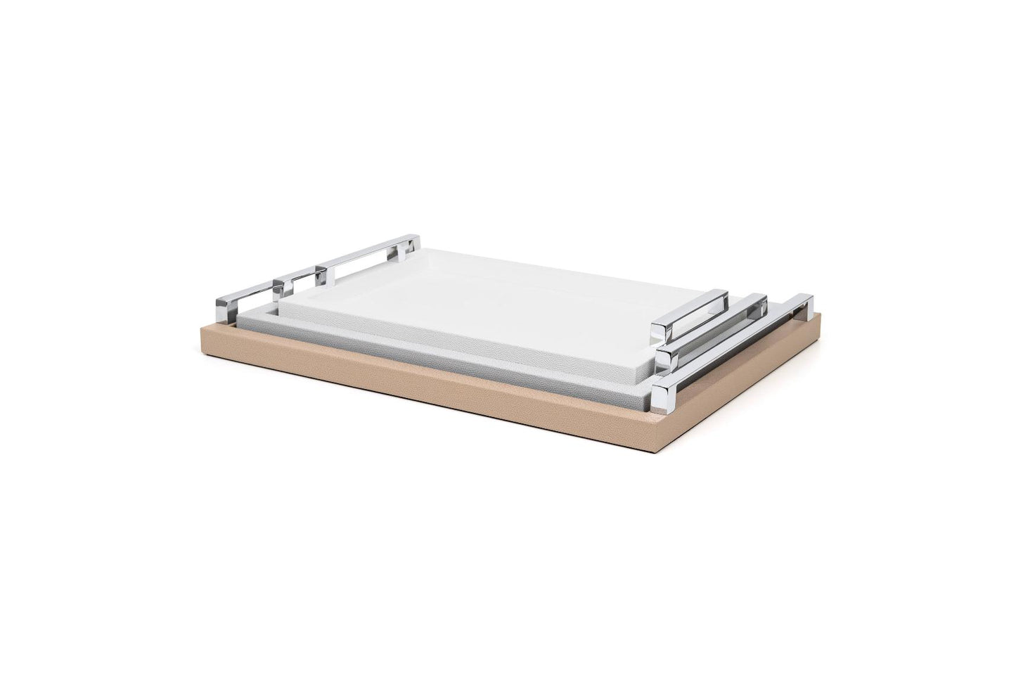 Jupiter Leather-Covered Wood Tray Rectangular w Chrome Metal Handles L