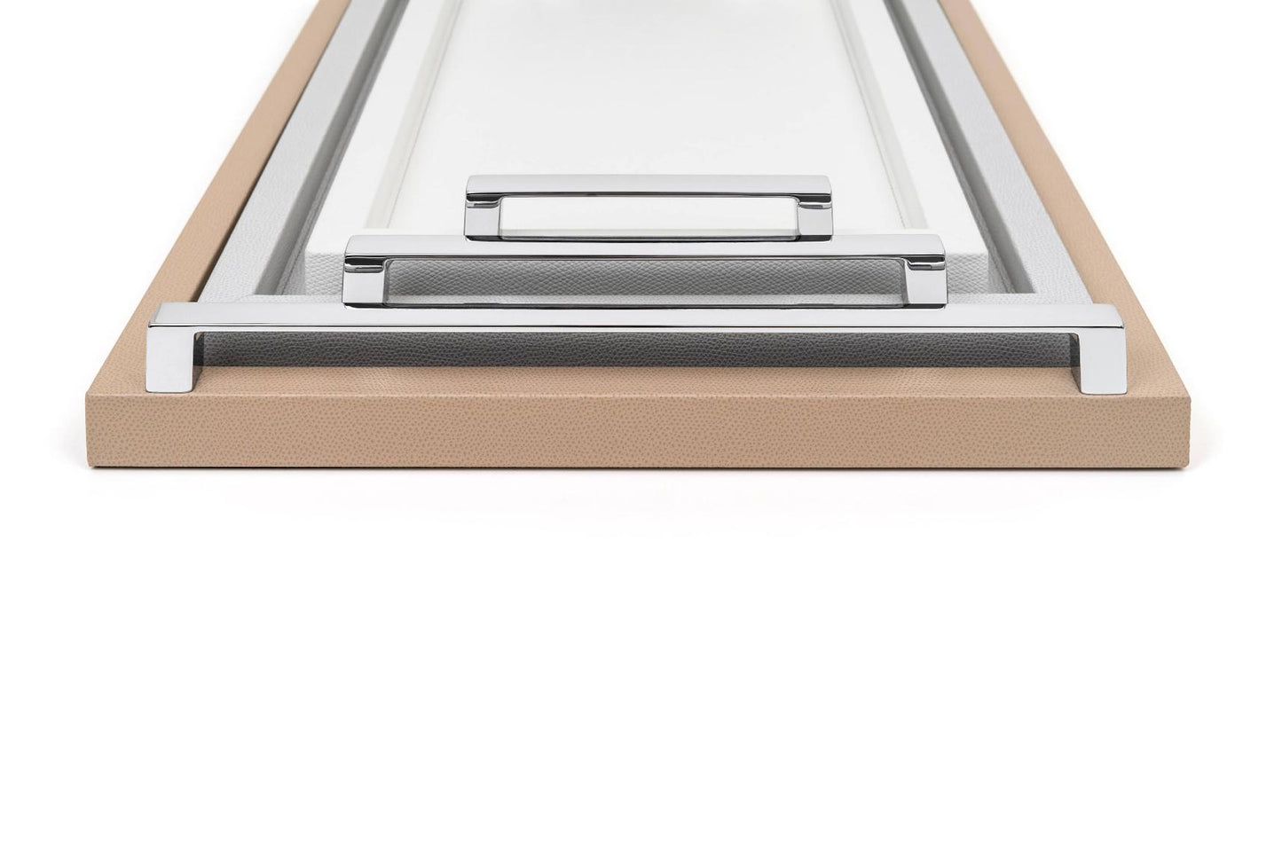 Jupiter Leather-Covered Wood Tray Rectangular w Chrome Metal Handles L