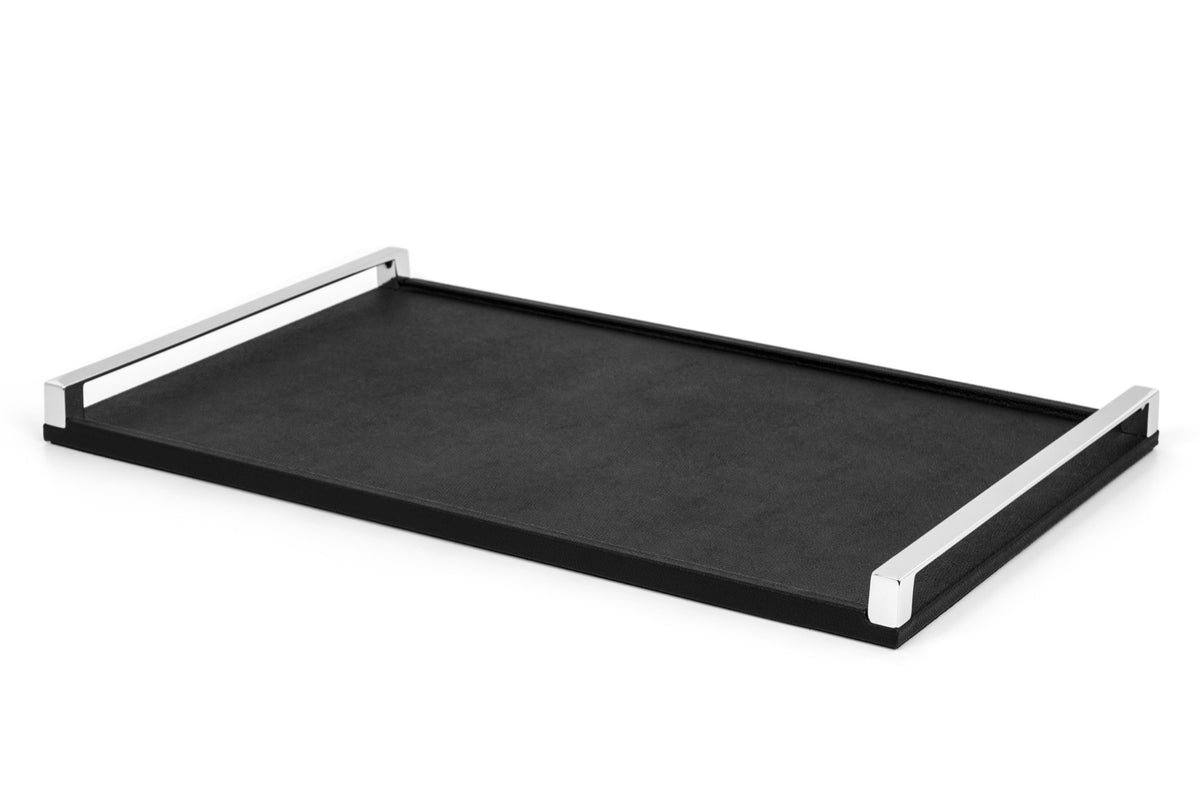 Giove Leather-Covered Wood Tray With Linear Metal Handles