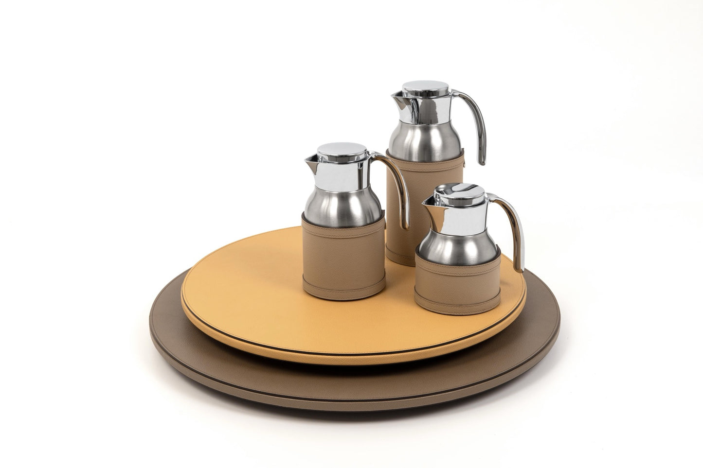 Pinetti Lazy Susan | Leather Revolving Tray: Leather-covered rotating tray with non-slip base, available in multiple diameters for refined serving and tabletop styling | Tabletop & Bar / Trays | 2Jour Concierge, your luxury lifestyle shop | luxury interiors, refined dining, elegant serving accessories, boutique hotels, yacht décor, contemporary entertaining, hospitality décor, office décor