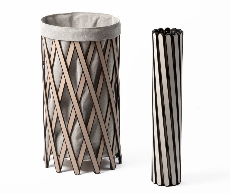Safari Laundry Basket by Pinetti | Wooden foldable structure covered with leather | Inside fabric in linen and cotton is removable and washable | Designer: Antonio De Marco | Home Organization and Laundry Baskets | 2Jour Concierge, your luxury lifestyle shop
