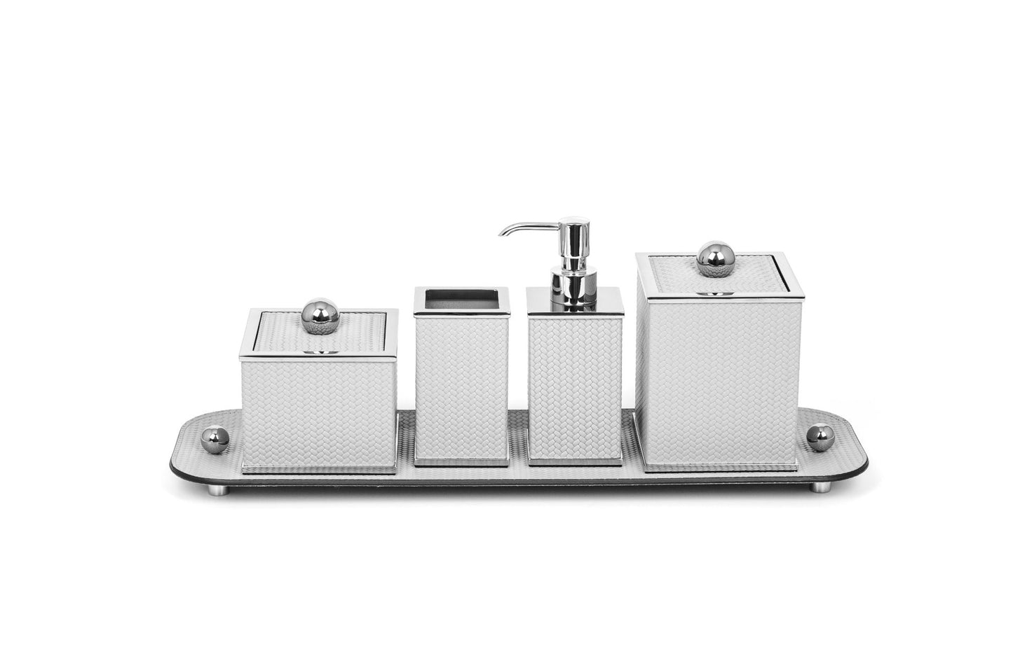 Olimpia Leather Covered Bathroom Set by Pinetti | Made in brass with shiny gold, burnished, or chromed finish | Consists of items available separately: soap dispenser, toothbrush holder, small box, large box | Home Decor Bathroom Accessories | 2Jour Concierge, your luxury lifestyle shop
