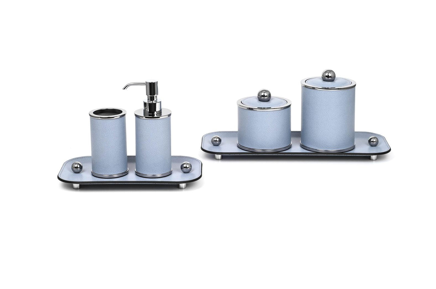 Olimpia Leather Covered Bathroom Set by Pinetti | Made in brass with shiny gold, burnished, or chromed finish | Consists of items available separately: soap dispenser, toothbrush holder, small box, large box | Home Decor Bathroom Accessories | 2Jour Concierge, your luxury lifestyle shop