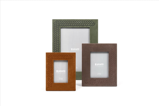 Pinetti Lily | Nubuck Leather Picture Frame: Soft nubuck leather frame with tone-on-tone embroidered border, available in multiple sizes for refined photo display | Living Room / Photo Frames | 2Jour Concierge, your luxury lifestyle shop | luxury interiors, refined living, elegant home accessories, boutique hotels, desk décor, library décor, yacht décor, office décor, hospitality décor