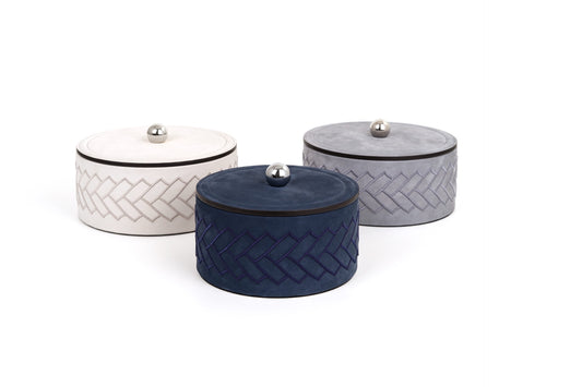 Pinetti Lily | Embroidered Leather Trinket Box: Soft leather box with tone-on-tone embroidery and metal knob lid, available in multiple sizes | Living Room / Decorative Boxes | 2Jour Concierge, your luxury lifestyle shop | luxury interiors, refined living, jewellery storage, dressing table accessories, boutique hotels, elegant home décor, yacht décor, office décor, hospitality décor