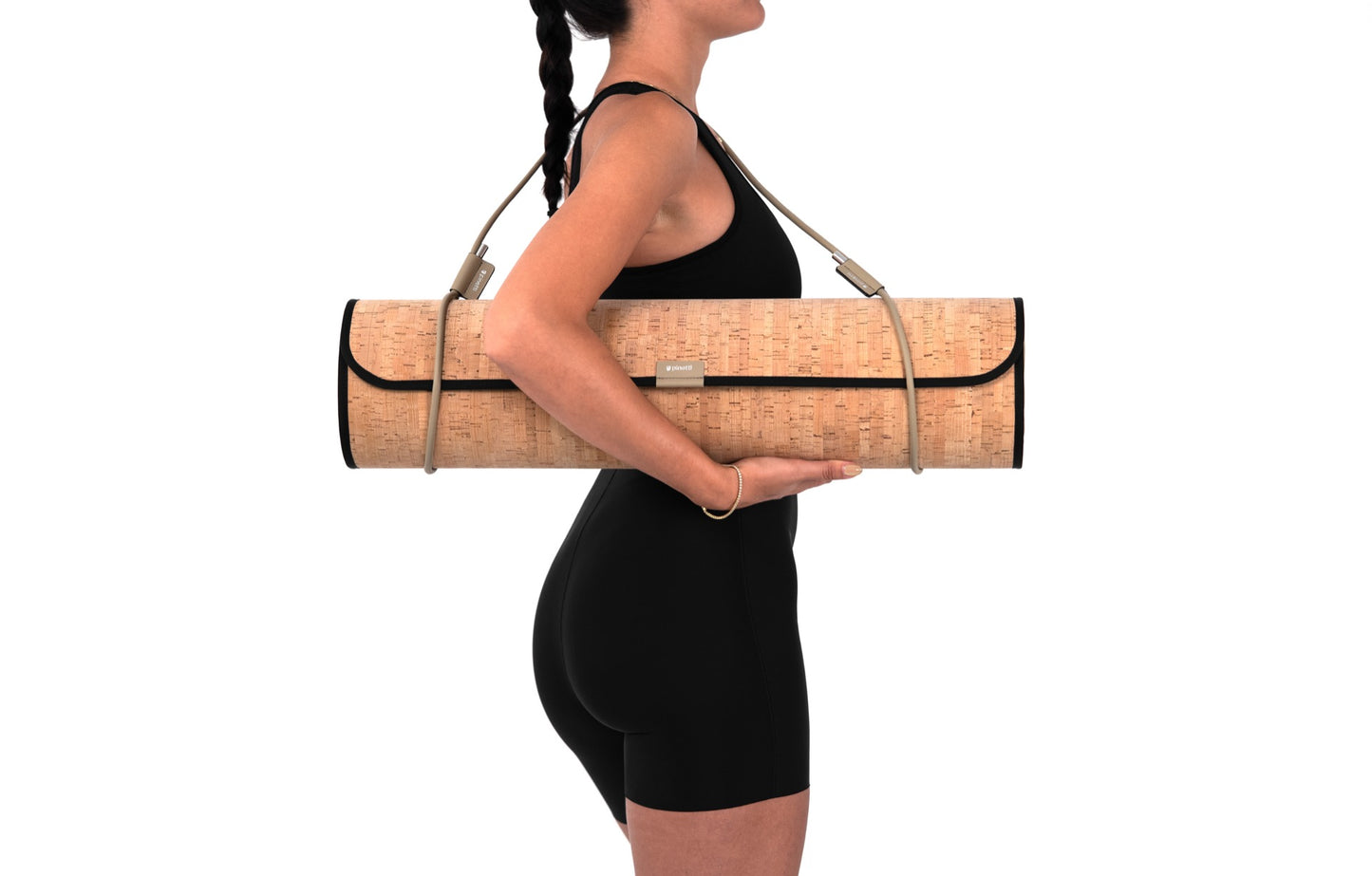 Pinetti Exercise Mat | Cork & Leather Mat: Cork top with non-slip technical backing, leather bolster sleeve, and carrying strap in chrome or shiny gold | Wellness / Fitness Accessories | 2Jour Concierge, your luxury lifestyle shop | luxury interiors, wellness décor, home gym accessories, boutique hotels, refined living, yacht décor, office décor, hospitality décor