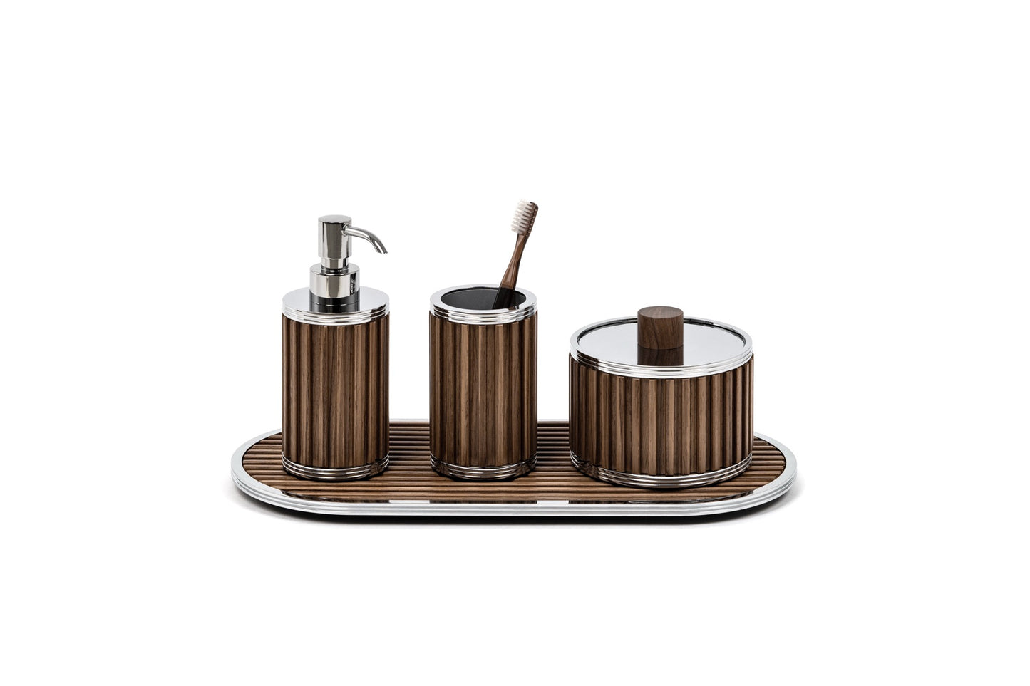 Pinetti | Woody Bathroom Set: Round bathroom accessories in wood with stainless steel or brass fittings in chrome, satin, or burnished finish — soap dispenser, toothbrush holder, boxes, bins, tray, and tissue box | The Bathroom | 2Jour Concierge, your luxury lifestyle shop | luxury bathroom set, Pinetti Woody, wood bathroom accessories, Italian bathroom collection, designer bathroom set, wood and metal bathroom