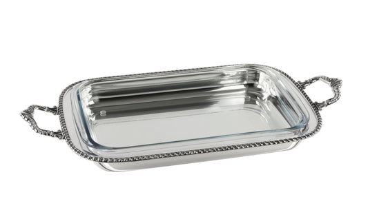 Zanetto Regina Anna | Rectangular Dish Container: Silver-plated metal with Pyrex glass and smooth, shiny finish, ideal for family-style serving | Tableware & Serveware / Dish Containers | 2Jour Concierge, your luxury lifestyle shop