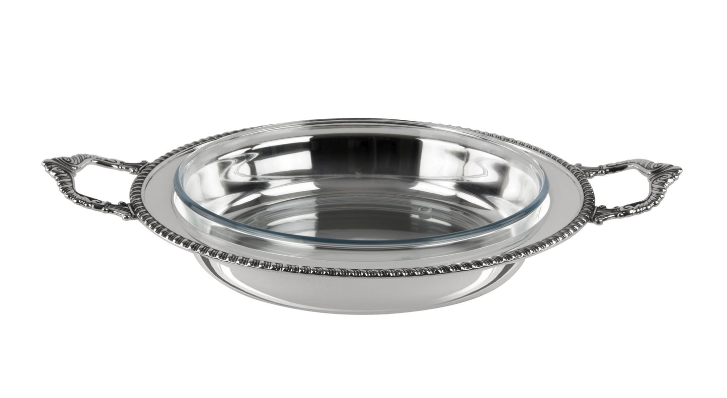 Zanetto Regina Anna | Round Dish Container with Handles: Silver-plated metal with Pyrex glass and smooth, shiny finish, ideal for family-style serving | Tableware & Serveware / Dish Containers | 2Jour Concierge, your luxury lifestyle shop