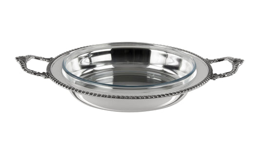 Zanetto Regina Anna | Round Dish Container with Handles: Silver-plated metal with Pyrex glass and smooth, shiny finish, ideal for family-style serving | Tableware & Serveware / Dish Containers | 2Jour Concierge, your luxury lifestyle shop