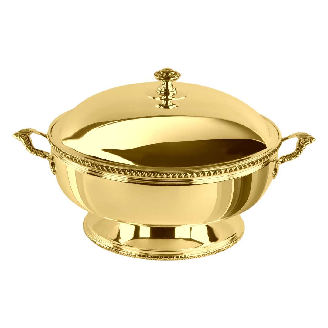 Zanetto Regina Anna | Round Thermic Dish Container: Gold-plated exterior with stainless steel interior and crystal glass bowl, smooth & shiny finish, ideal for maintaining dish temperature elegantly | Tableware & Serveware / Thermal Dish Containers | 2Jour Concierge, your luxury lifestyle shop