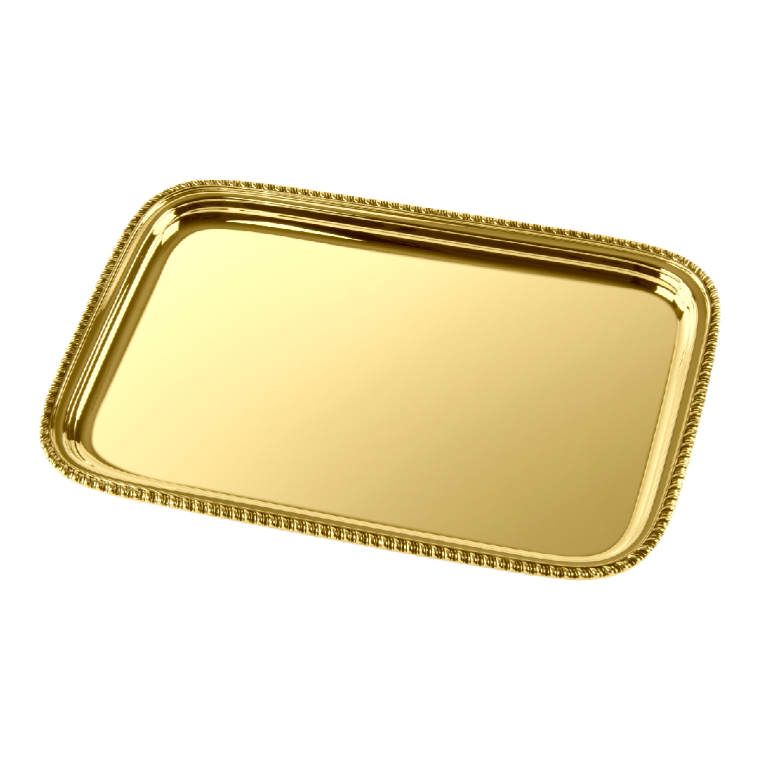 Zanetto Regina Anna | Trays: Gold-plated metal with smooth & shiny finish, available in oval (42 × 30), oval with handles (47 (60) × 34), rectangular (42 × 29 & 33 × 22), rectangular with handles (51 (60) × 38), and round (dm 35), ideal for serving hors d’oeuvres, cocktails, and desserts elegantly | Tableware & Serveware / Trays | 2Jour Concierge, your luxury lifestyle shop