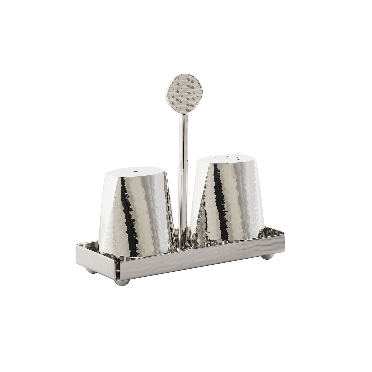 Eyes Salt and Pepper Set by Zanetto | The set includes a salt cruet, a pepper cruet, and a support. Each element is made from platinum alloy and is available in either silver plated or platinum plated finishes. | Tableware and Serveware | 2Jour Concierge, your luxury lifestyle shop
