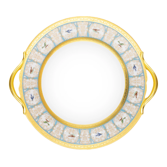 Robert Haviland & C. Parlon Bengalis | Round Cake Dish: Fine Limoges porcelain with bird and turquoise scroll motif and smooth, glazed finish, ideal for serving whole cakes or elegant desserts | Tableware & Serveware / Serving Dishes | 2Jour Concierge, your luxury lifestyle shop