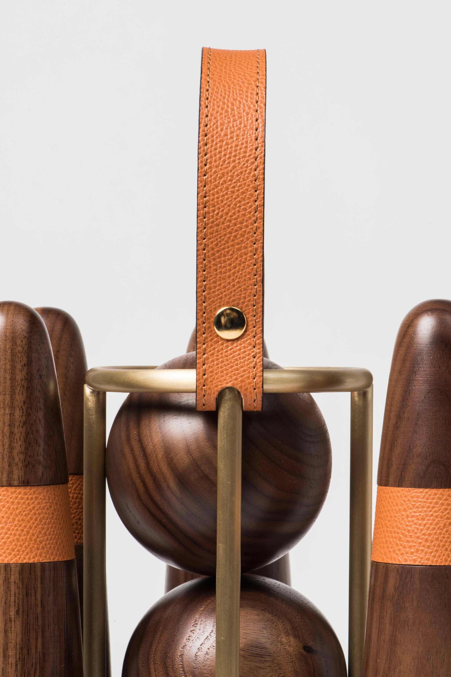 Walnut Wood Bowling Game Set with Leather Inserts