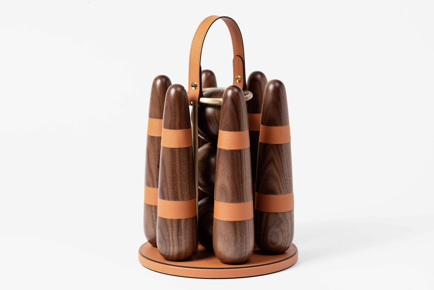 Walnut Wood Bowling Game Set with Leather Inserts