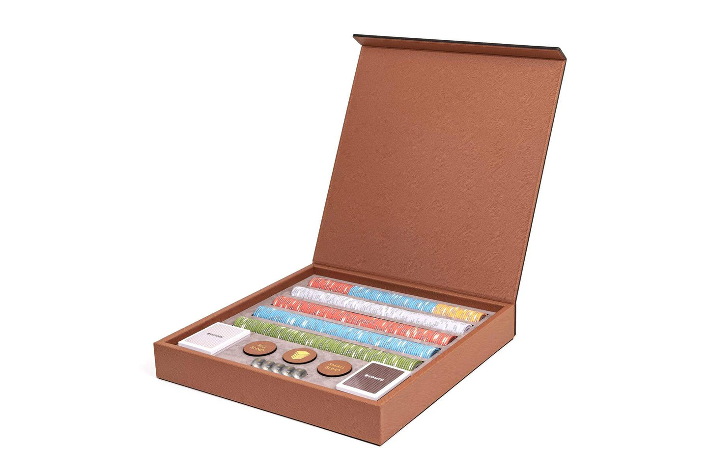 Pinetti Leather-Covered Poker Set | Wooden box fully covered in leather with magnetic closure | Includes 500 ceramic poker chips set, 2 Pinetti’s card decks, 5 dice, and 3 leather coins | Discover Luxury Game Sets at 2Jour Concierge, #1 luxury high-end gift & lifestyle shop