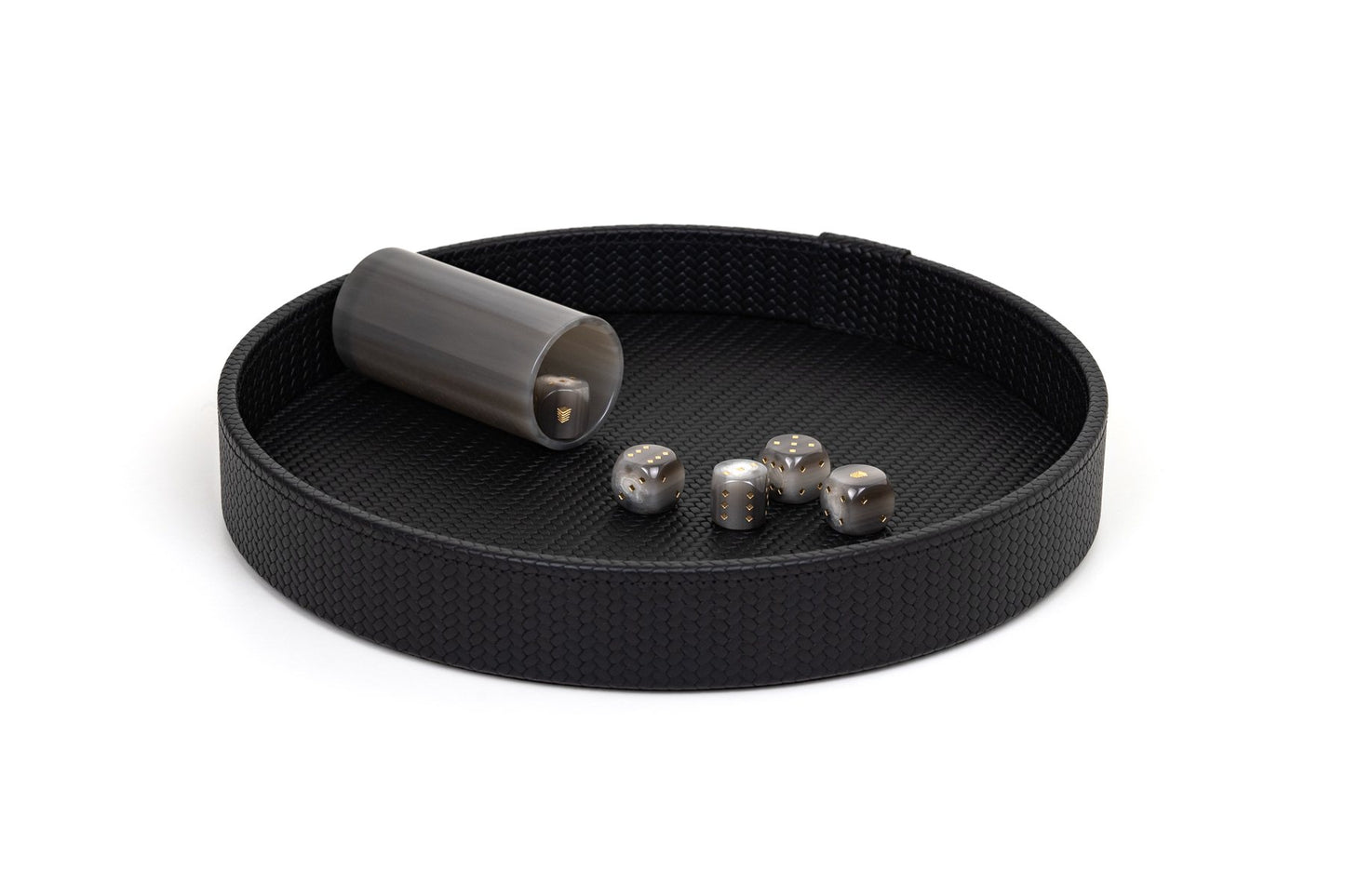 Pinetti Dice Game Set | Wood base tray covered with leather | Includes shaker with five Pinetti customized dice made of resin | Explore Luxury Game Sets at 2Jour Concierge, #1 luxury high-end gift & lifestyle shop