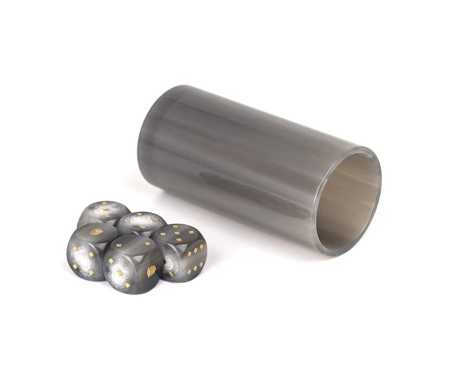 Pinetti Dice Game Set | Wood base tray covered with leather | Includes shaker with five Pinetti customized dice made of resin | Explore Luxury Game Sets at 2Jour Concierge, #1 luxury high-end gift & lifestyle shop