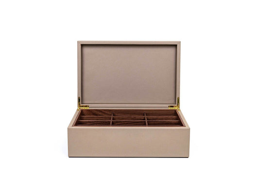 Pinetti Walnut Wood Tea Box Organizer | Wooden structure covered in leather with walnut wood inserts | Twelve compartments for organized storage | Discover Luxury Lifestyle Accessories at 2Jour Concierge, #1 luxury high-end gift & lifestyle shop