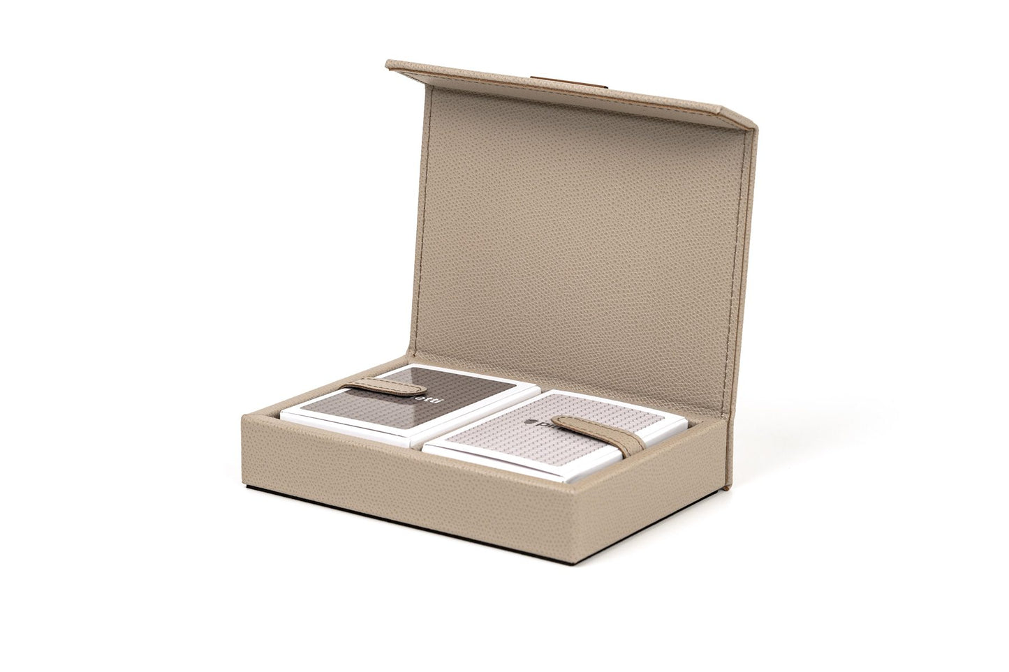 Pinetti Leather-Covered Wooden Playing Cards Holder | Wooden box with leather covering | Includes two decks of custom Pinetti playing cards | Explore Luxury Lifestyle Accessories at 2Jour Concierge, #1 luxury high-end gift & lifestyle shop