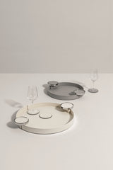 Dioniso Leather-Covered Wood Tray, Round with 8 Coasters and Metal Handles