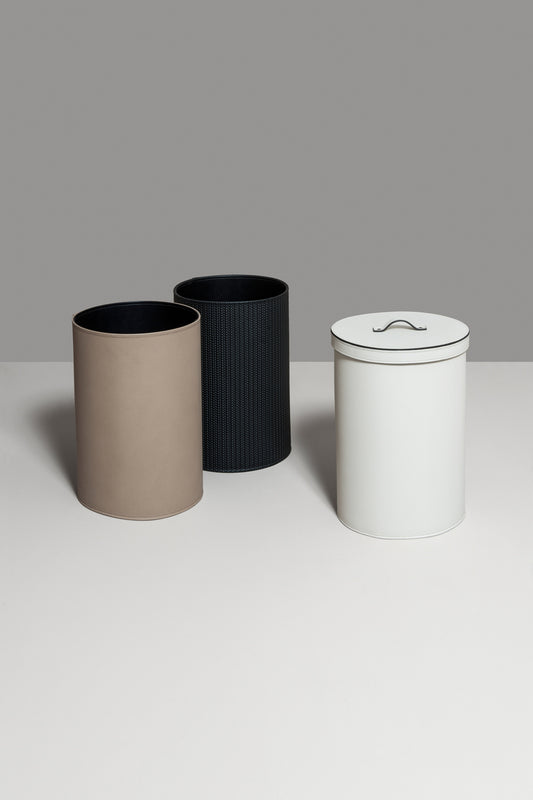 Pinetti Leather-Covered Bin | Round leather bin with waterproof black interior | Home and Office Accessories | 2Jour Concierge, your luxury lifestyle shop
