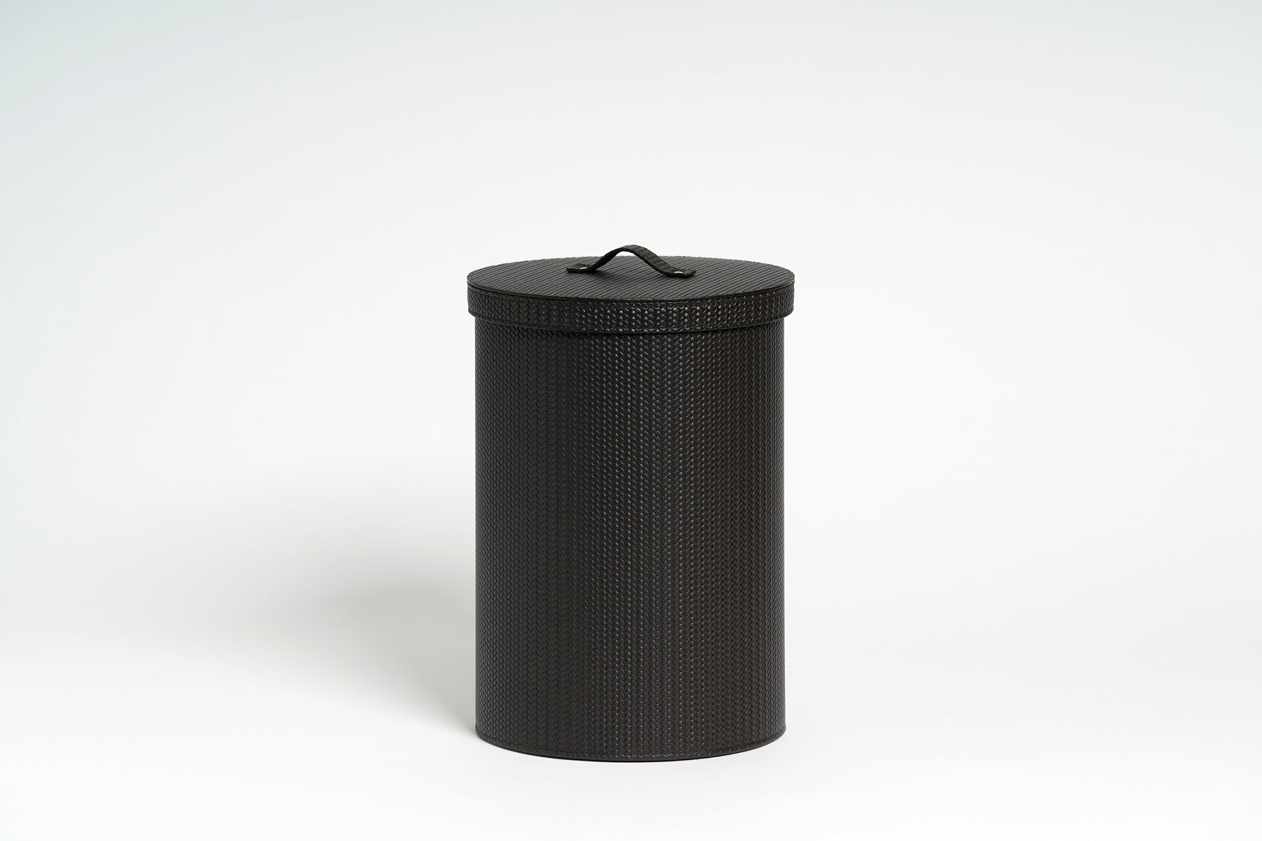 Pinetti Leather-Covered Bin | Round leather bin with waterproof black interior | Home and Office Accessories | 2Jour Concierge, your luxury lifestyle shop