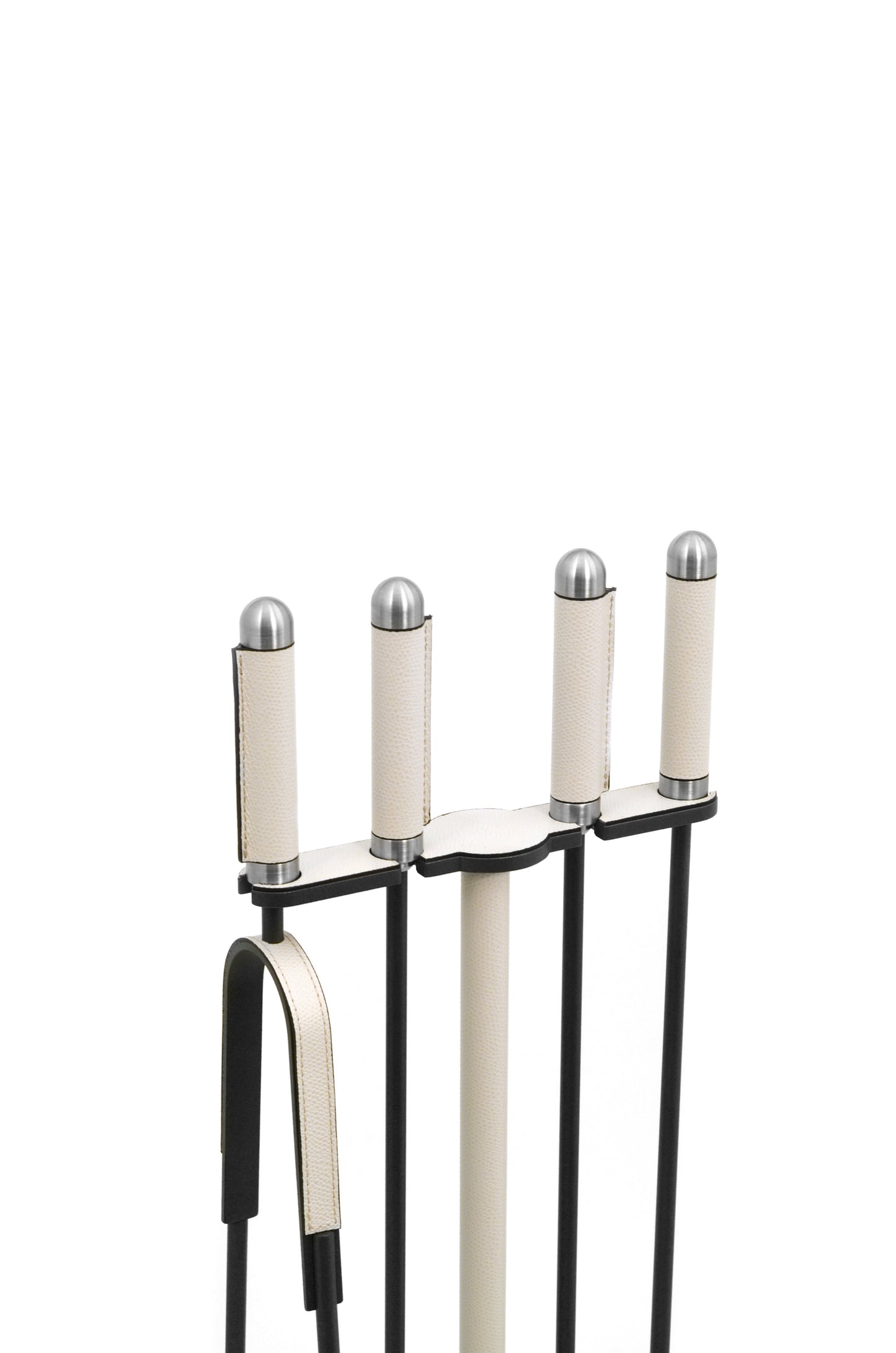 Pinetti Camino Iron Fireplace Set with Leather Inserts | Exquisite Fireplace Accessories, Elegant Iron Craftsmanship & Luxurious Leather Details | 2Jour Concierge, #1 luxury high-end gift & lifestyle shop