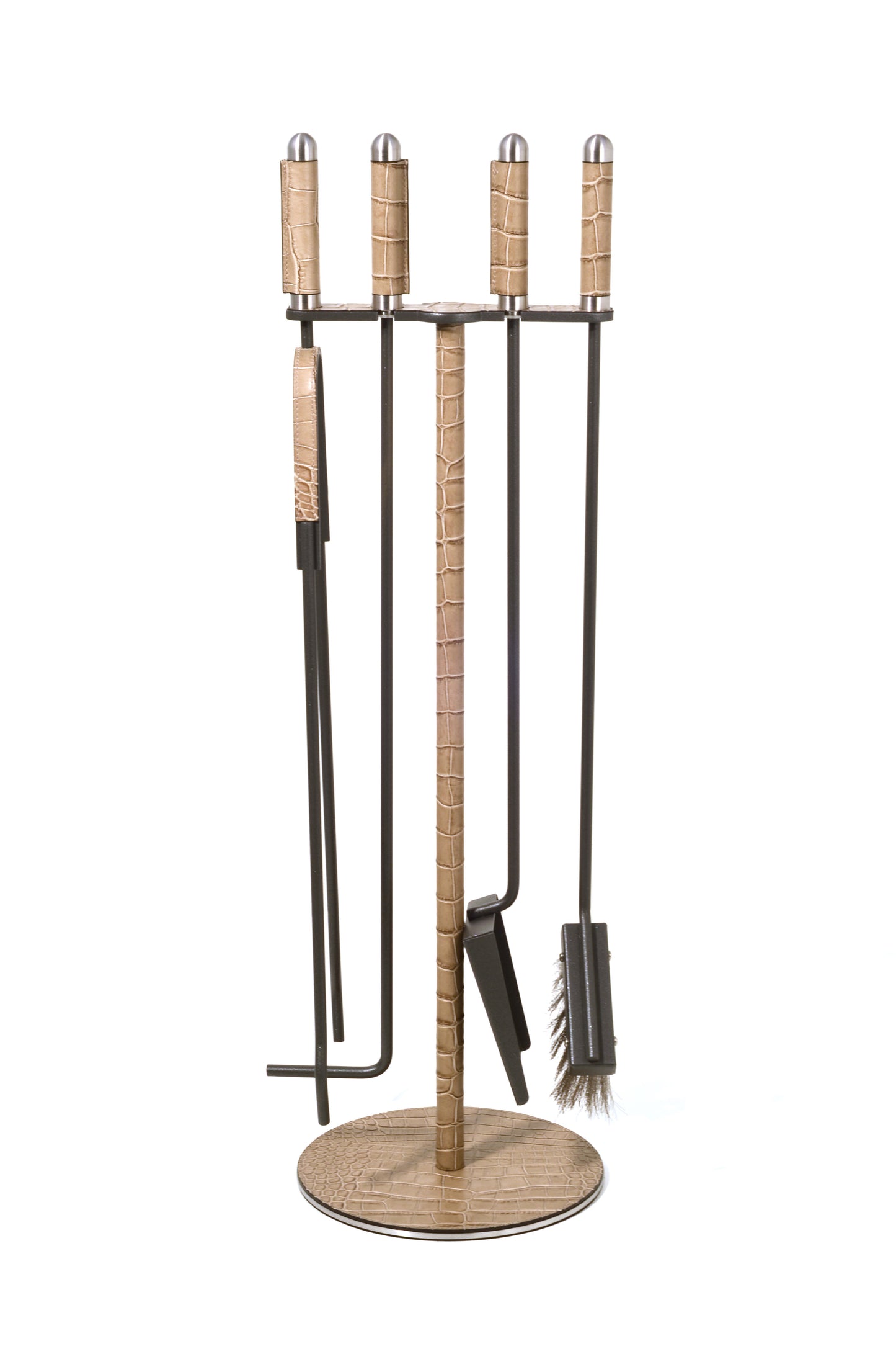 Pinetti Camino Iron Fireplace Set with Leather Inserts | Exquisite Fireplace Accessories, Elegant Iron Craftsmanship & Luxurious Leather Details | 2Jour Concierge, #1 luxury high-end gift & lifestyle shop