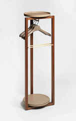 Achille Walnut Wood Clothes Valet Stand With Leather-Covered Tray & Brass Elements
