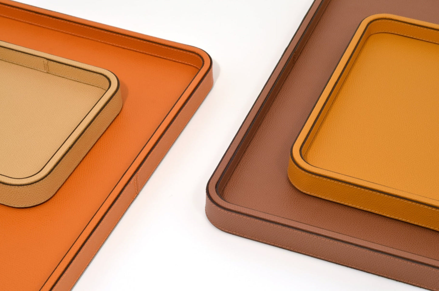 Pinetti Jane Leather-Covered Wood Tray With Round Corners | Trays with wood base covered in leather | Features round corners and non-slip base | Available in four sizes | Explore Luxury Lifestyle Accessories at 2Jour Concierge, #1 luxury high-end gift & lifestyle shop