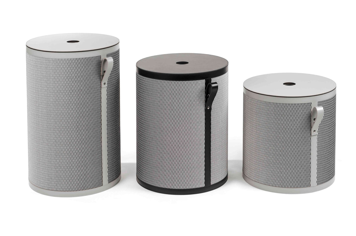 Pinetti Nadia | Recycled Leather & Fabric Baskets: Regenerated leather baskets with fabric weave finish, available in three heights with matching lids | Storage & Home Accessories / Baskets | 2Jour Concierge, your luxury lifestyle shop | luxury interiors, refined living, sustainable design, boutique hotels, home organization, eco-luxury décor, yacht décor, office décor, hospitality décor