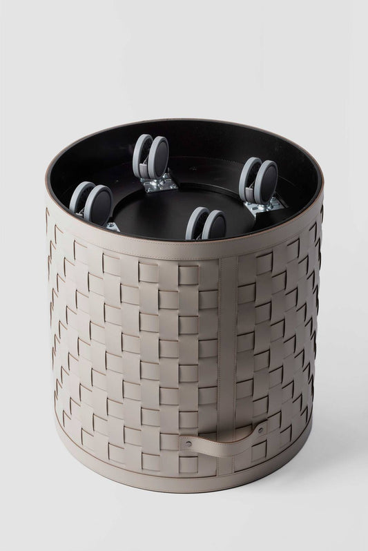 Pinetti wheeled basket | Wooden structure fully covered in regenerated leather — eco-friendly, washable, and highly resistant | Designed with 4 discreet wheels for easy mobility | Ideal for organizing towels, magazines, or other essentials in both indoor and outdoor spaces | A refined and functional storage solution for home, yacht, or SPA use | Home & lifestyle accessories | 2Jour Concierge, your luxury lifestyle shop