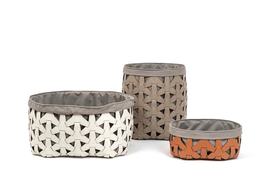 Pinetti Granada basket | Handwoven in eco-friendly, washable, and resistant regenerated leather | Features a removable and washable cotton-linen fabric liner | Suitable for indoor and outdoor use | Ideal as a magazine holder, wood basket, or for storing shoes and towels on yachts, in SPAs, or at home | Available in round or square shapes and various sizes | Home & lifestyle accessories | 2Jour Concierge, your luxury lifestyle shop