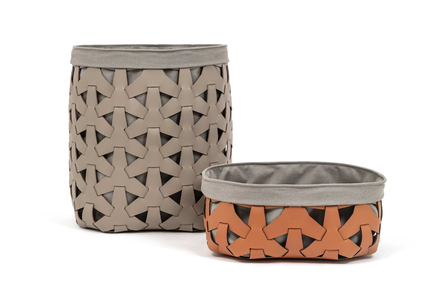 Pinetti Granada basket | Handwoven in eco-friendly, washable, and resistant regenerated leather | Features a removable and washable cotton-linen fabric liner | Suitable for indoor and outdoor use | Ideal as a magazine holder, wood basket, or for storing shoes and towels on yachts, in SPAs, or at home | Available in round or square shapes and various sizes | Home & lifestyle accessories | 2Jour Concierge, your luxury lifestyle shop