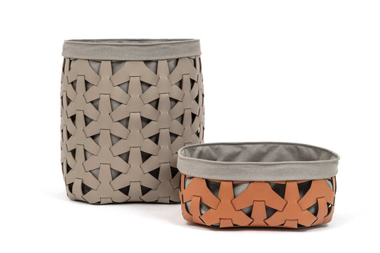 Pinetti Granada basket | Handwoven in eco-friendly, washable, and resistant regenerated leather | Features a removable and washable cotton-linen fabric liner | Suitable for indoor and outdoor use | Ideal as a magazine holder, wood basket, or for storing shoes and towels on yachts, in SPAs, or at home | Available in round or square shapes and various sizes | Home & lifestyle accessories | 2Jour Concierge, your luxury lifestyle shop