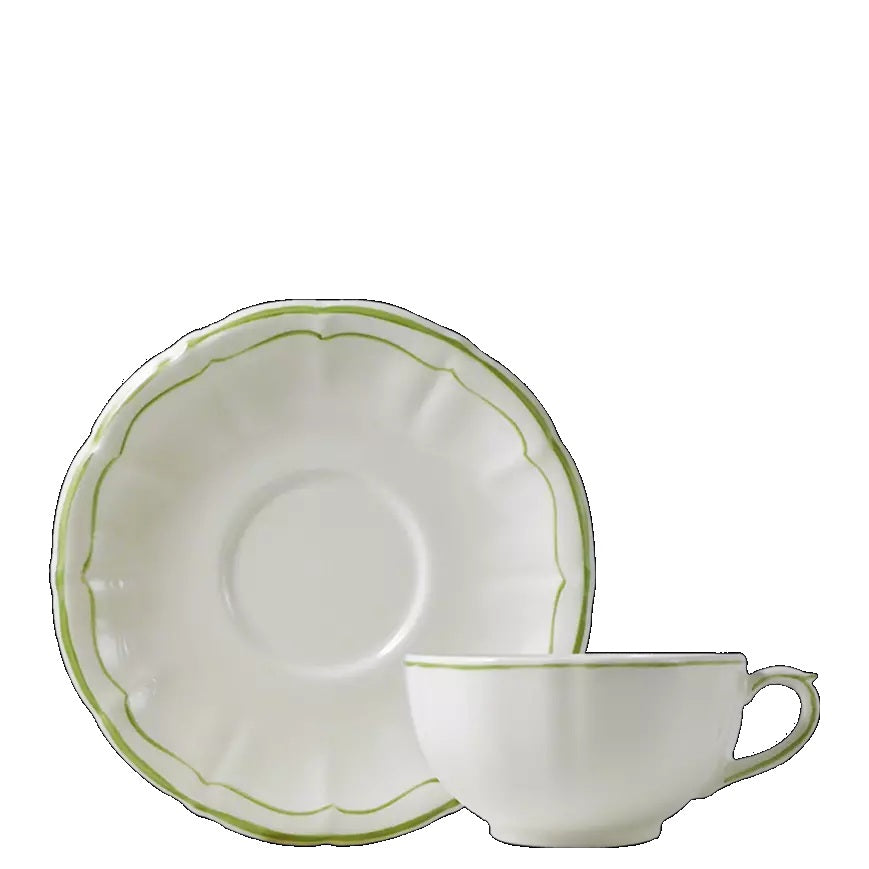 Gien Pivoines Vertes | Breakfast Cup & Saucer: Fine earthenware with hand-painted green floral motif and smooth, glazed finish, perfect for elegant morning coffee or tea | Tableware & Serveware / Cups & Mugs | 2Jour Concierge, your luxury lifestyle shop