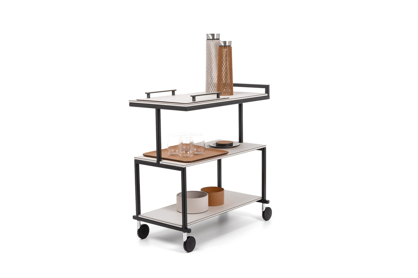 Albert Serving Trolley by Pinetti | Burnished metal structure | Floors and details in leather | Home Decor and Furniture | 2Jour Concierge, your luxury lifestyle shop