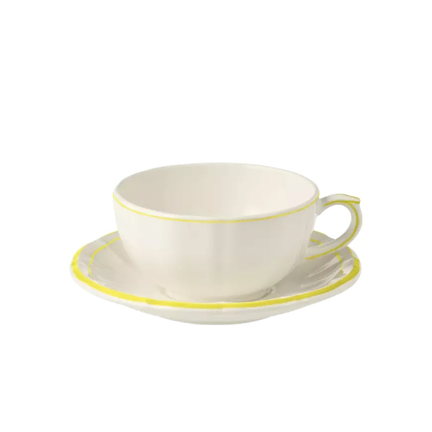 Gien Pivoines Vertes | Breakfast Cup & Saucer: Fine earthenware with hand-painted green floral motif and smooth, glazed finish, perfect for elegant morning coffee or tea | Tableware & Serveware / Cups & Mugs | 2Jour Concierge, your luxury lifestyle shop