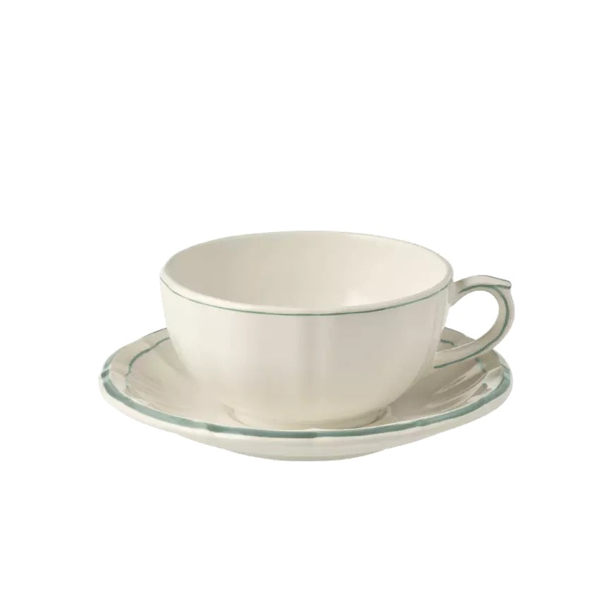 Gien Pivoines Vertes | Breakfast Cup & Saucer: Fine earthenware with hand-painted green floral motif and smooth, glazed finish, perfect for elegant morning coffee or tea | Tableware & Serveware / Cups & Mugs | 2Jour Concierge, your luxury lifestyle shop