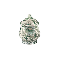 Pivoines Vertes Earthenware Sugar Bowl with Hand-Painted Green Floral Motif