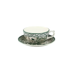 Pivoines Vertes Earthenware Breakfast Cup & Saucer with Hand-Painted Green Floral Motif