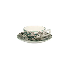 Pivoines Vertes Earthenware Tea Cup & Saucer with Hand-Painted Green Floral Motif