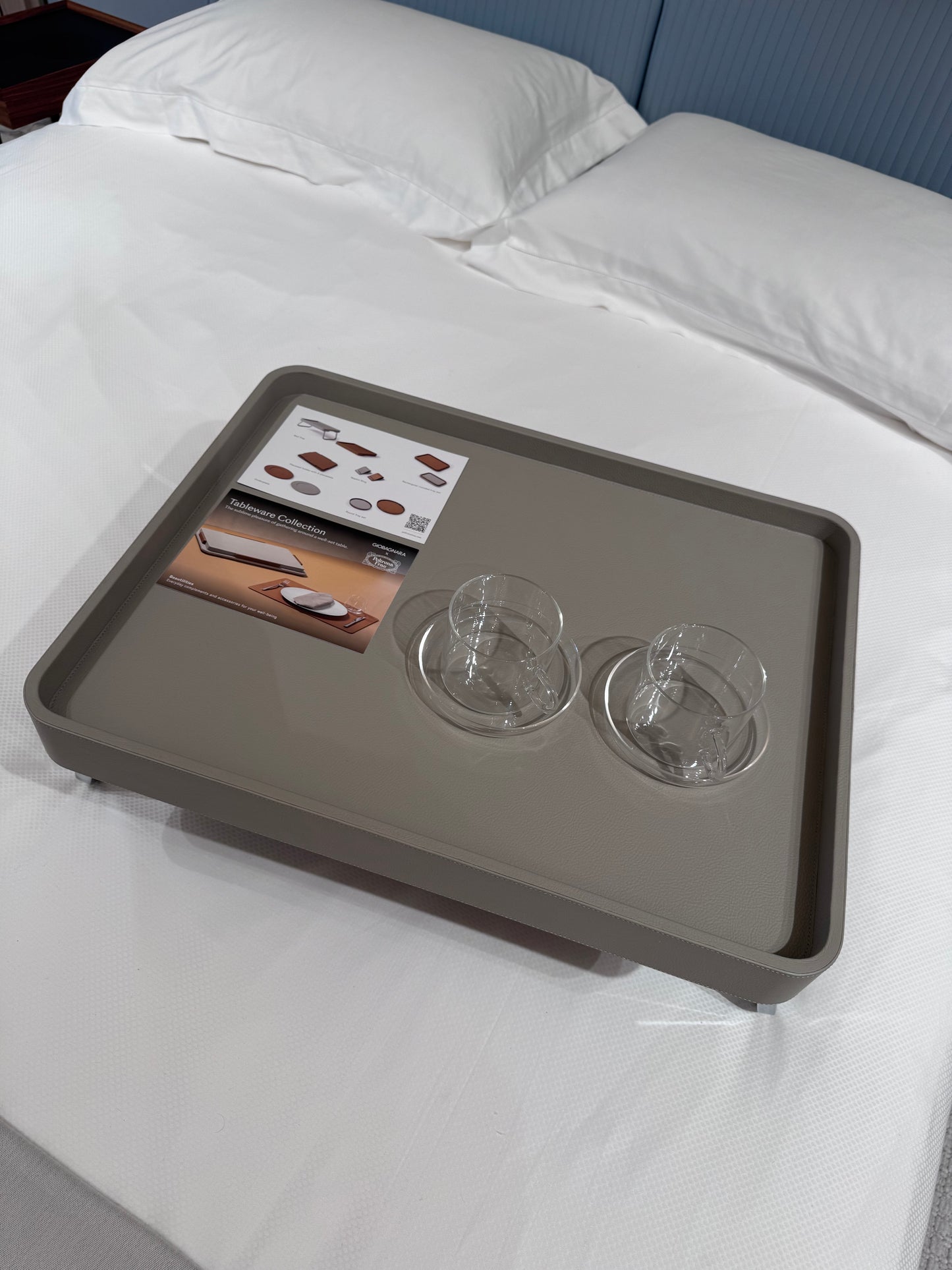 x Poltrona Frau Leather-Covered Wood Bed Tray with Chrome Metal Finishing