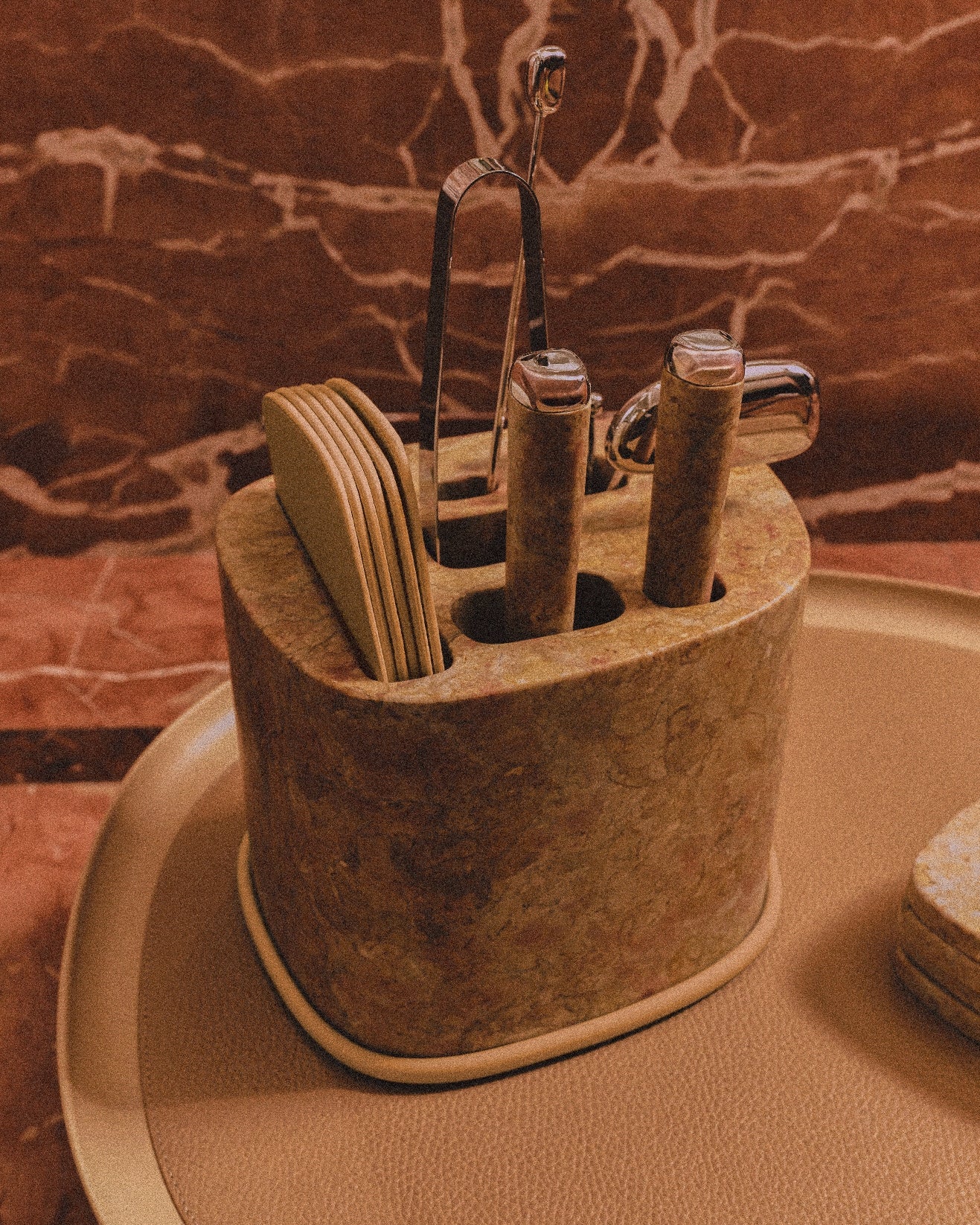 Giobagnara x Kelly Wearstler Maris Bar Accessories Set | A luxurious marble structure with sandblasted aluminum accents, hosting stainless steel tools and leather coasters | Available in multiple finishes | Barware | 2Jour Concierge, your luxury lifestyle shop