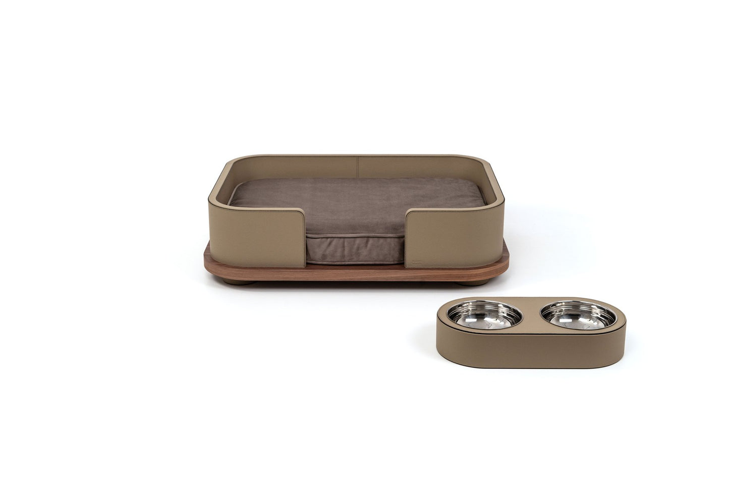 Pinetti Leather-Covered Wooden Pet Bed With Microfiber Memory Foam Cushion | Wooden structure covered in leather | Canaletto walnut base | Soft memory foam cushion with microfiber cover | Easily removable and washable | Available in two sizes | Discover Luxury Lifestyle Accessories at 2Jour Concierge, #1 luxury high-end gift & lifestyle shop